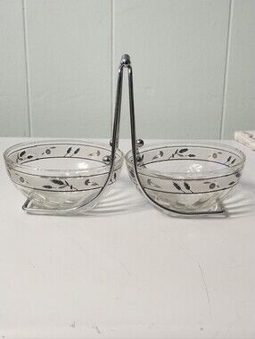 Mid Century Modern Libbey Glass Double Serving Bowl with Chrome Accent Stand
